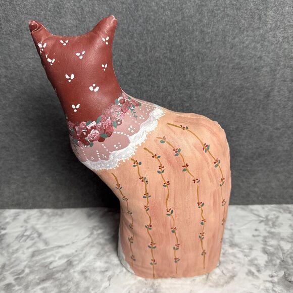 Hand Painted Oil Cloth Canvas Floral Cat Signed Folk Art Figure 10.5" Stuffed - Picture 3 of 7